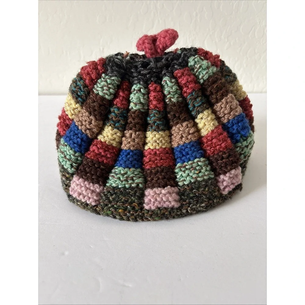 Hand Knitted Multi Colored Ribbed Tea Cozy Hat Medium Teapot